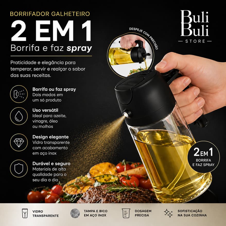 Borrifador Galheteiro 2 em 1 Spray e Dosador 470ml Vidro Premium - Azeite Vinagre Óleo Sem Desperdício