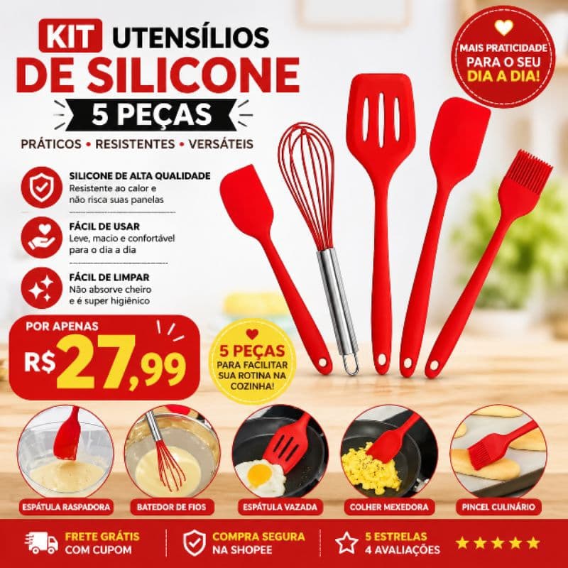 Kit Utensílios de Cozinha de Silicone 5 Peças - Sortido