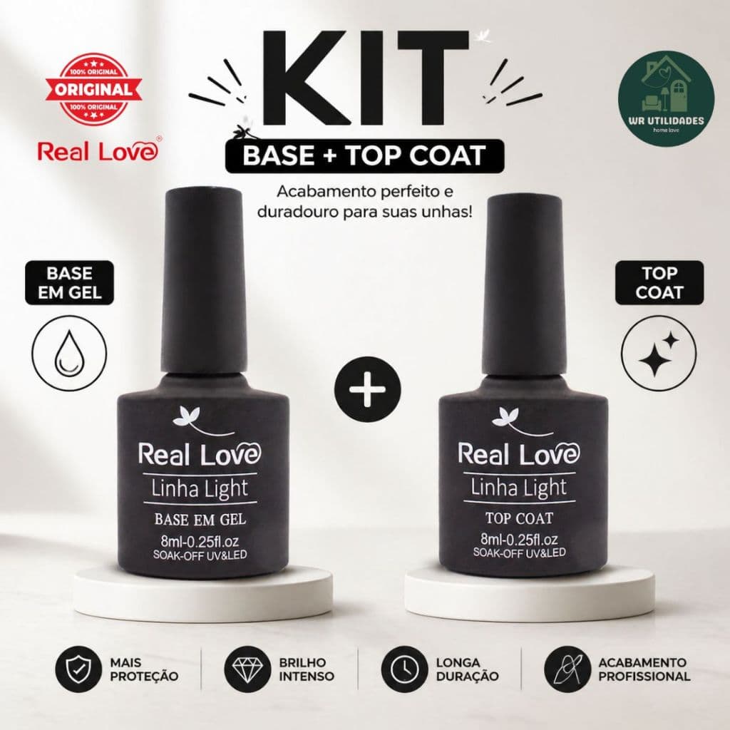 Kit Real Love Finalizador Top Coat 8ml Light + Base em Gel 8ml Light Nova Formula Sem TPO HEMA Original Imediato