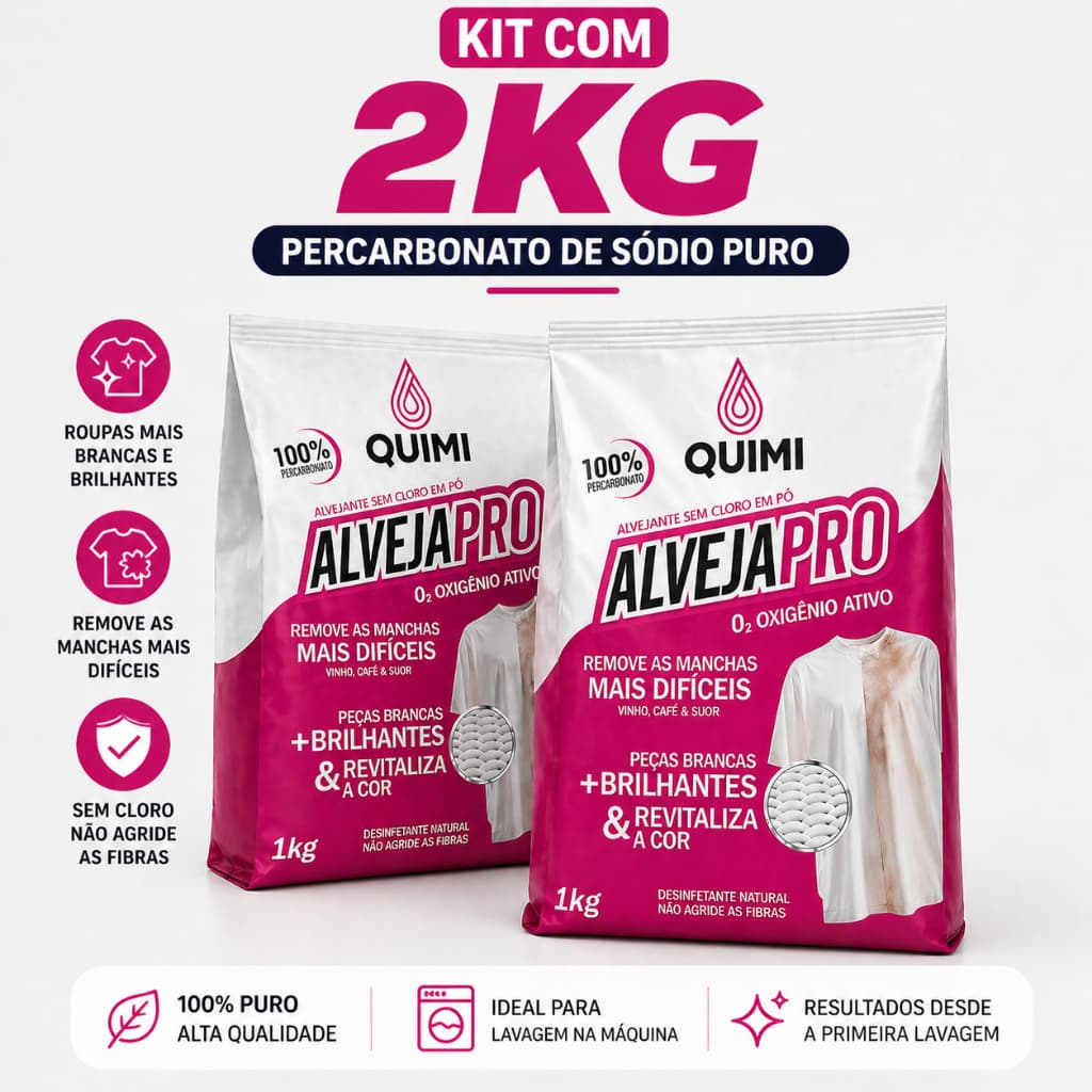 Kit 2 kg Percarbonato de Sódio Alvejapro 100% Puro Tira Manchas Roupas Brancas e Coloridas Sem Cloro