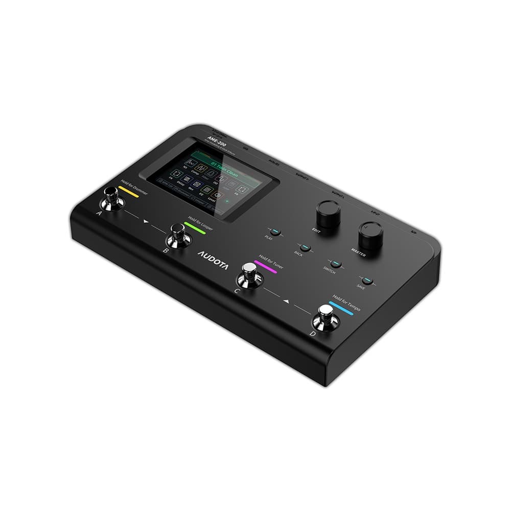 Pedal multiefeitos Audota AME-200 Modeler: afinador integrado, 50 baterias eletrônicas, 10 módulos de efeitos