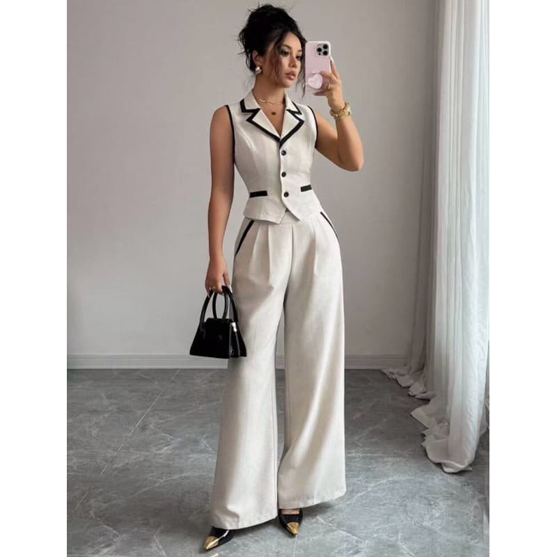 Conjunto feminino casual folgado plus size: colete com botões e calça pantalona H-18