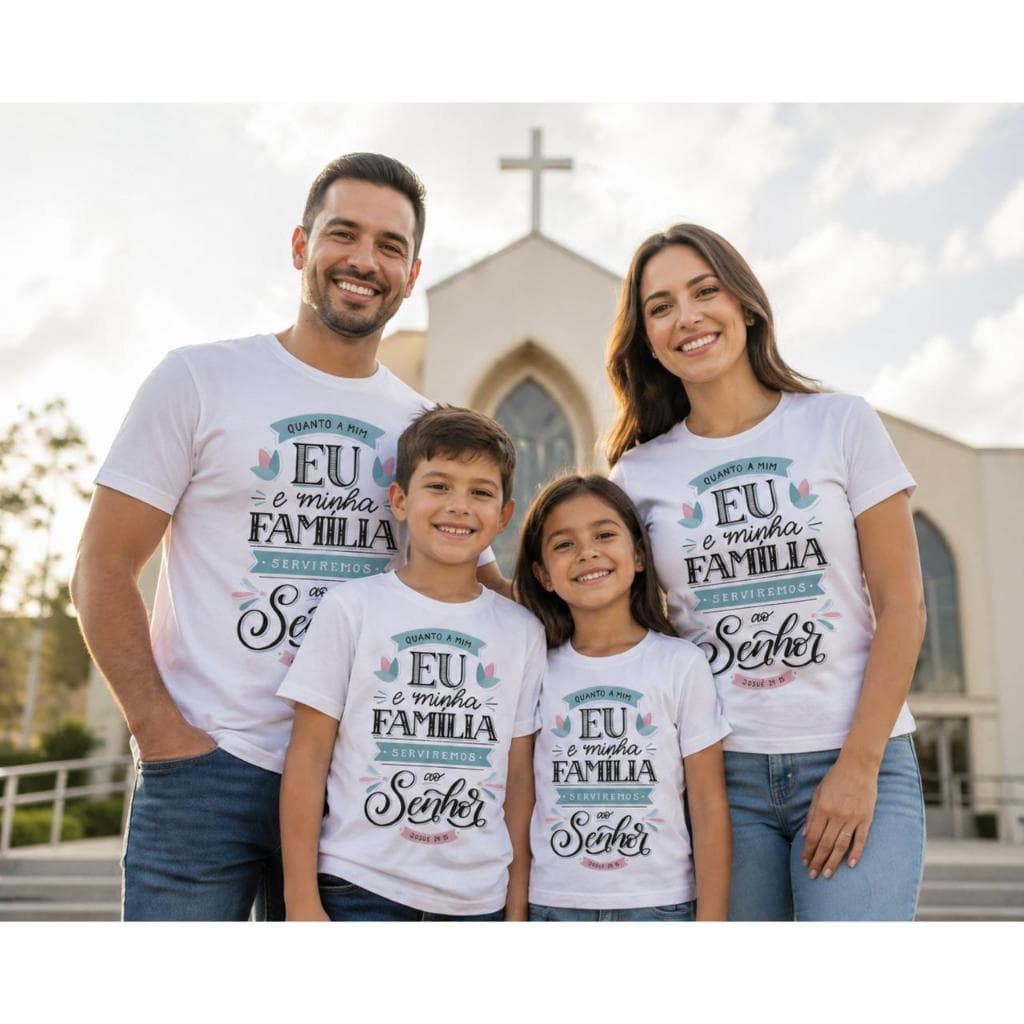 Camiseta Religiosa Família Eu e Minha Família Serviremos ao Senhor Envio Rapido