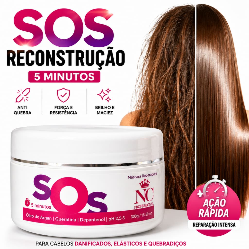Máscara Capilar SOS Reconstrução Cabelo Danificado Quebradiço Anti Elasticidade Tratamento 5 Minutos
