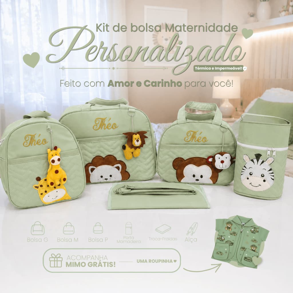 Kit Mala Bolsa Maternidade Personalizado com Safári/Savana com 5 peças e Mochila para Menino/Menina
