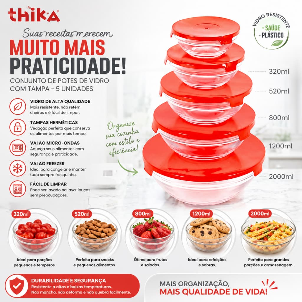 Kit 5 Potes Vidro Tampa Condimentos Alimentos Frutas Vasilhas Cores Sortidas Cozinha