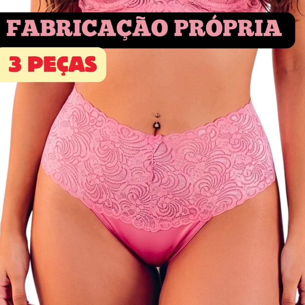 Kit 3 Calcinhas Feminina em Renda Cos Alto Calsinha Cintura Alta Adulta Modeladora