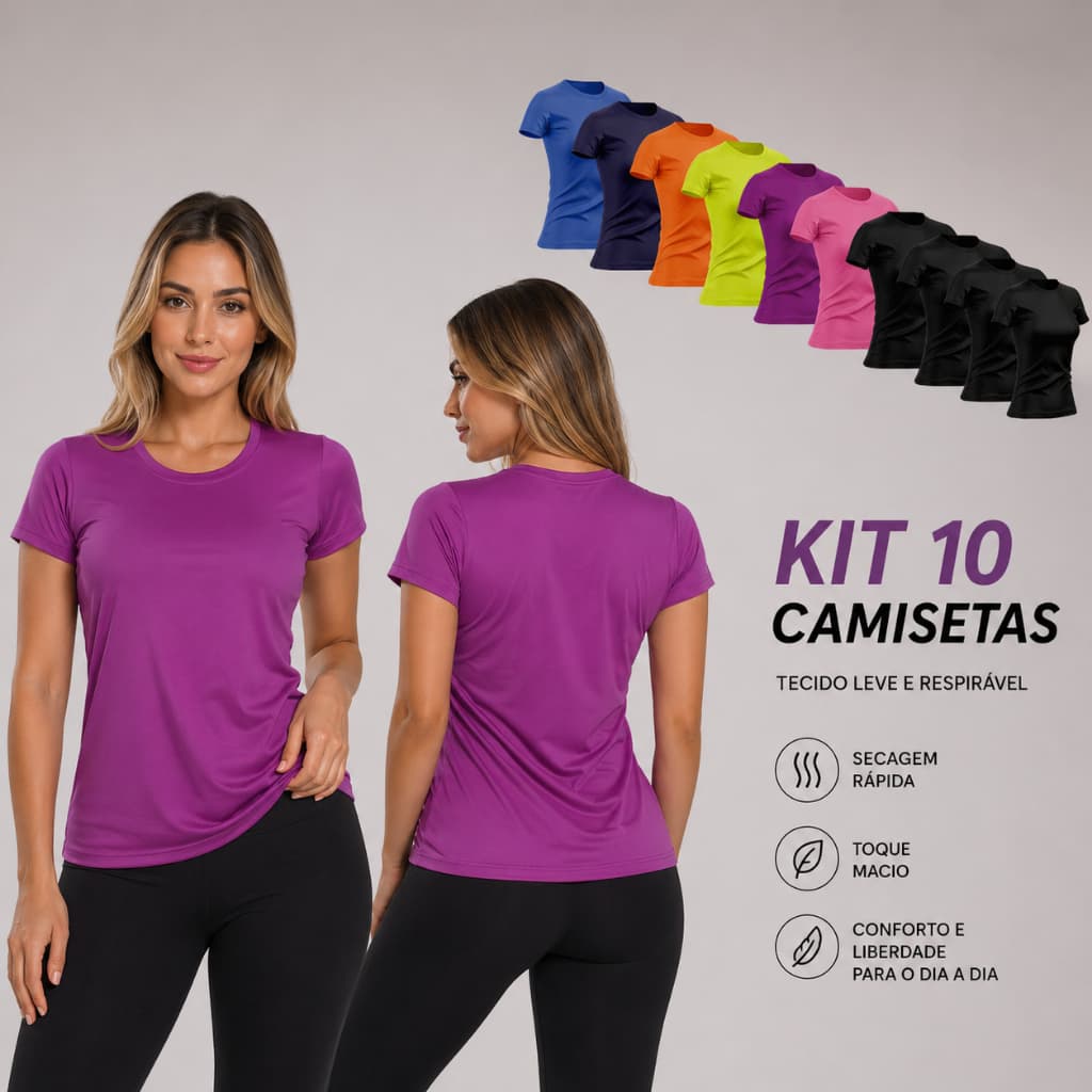 Kit 10 Camisetas Feminina Manga Curta Dry Fit Proteção Solar