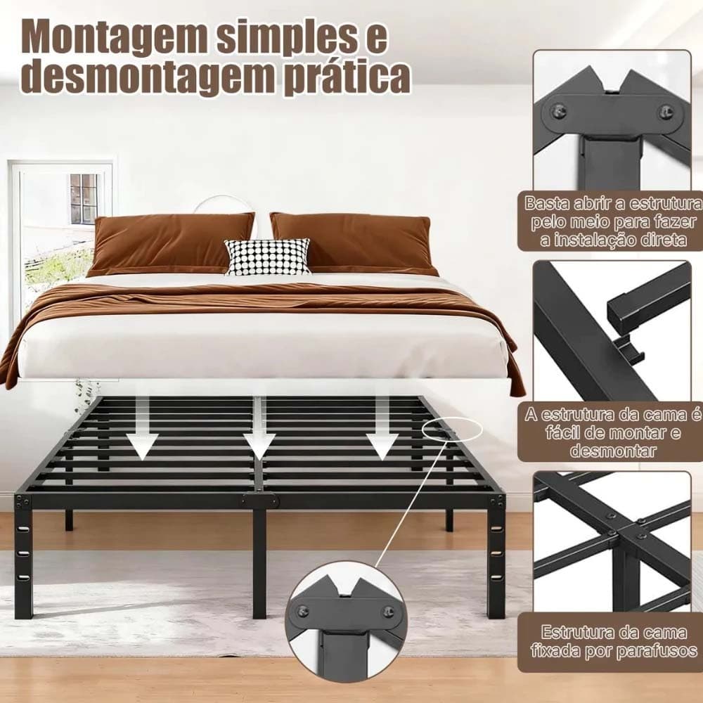 Estrado de Metal Dobrável para Cama Solteiro/Casal/Queen, Fácil Montagem com Ripas de Aço Reforçadas– com Suportes de Ri