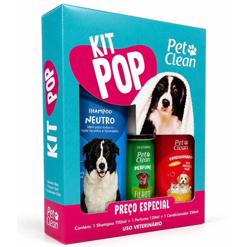 Kit Pet Clean Completo Shampoo 700ml + Perfume 120ml + Condicionador 250ml | Higiene Pet Cães e Gatos | Cheiro Duradouro
