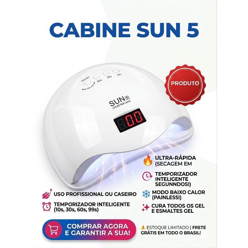 Cabine LED Sun 5 UV 48W Profissional Digital Unhas em Gel Bivolt + Envio Imediato