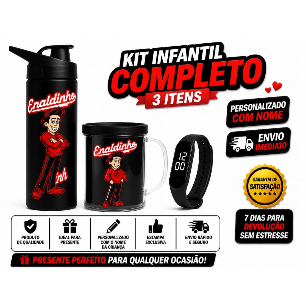 ENALDINHO Garrafa Copo e Relógio Digital + Nome Personalizado PRESENTE DIAS DAS CRIANÇAS NATAL ANIVERSÁRIO
