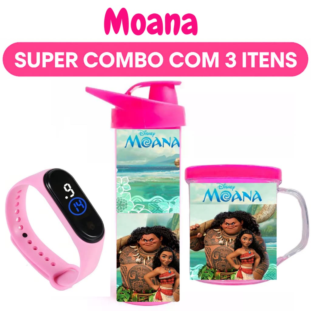 Moana Garrafa de Água Copo e Relógio Digital Infantil - Presente Aniversário - Com Nome da Criança