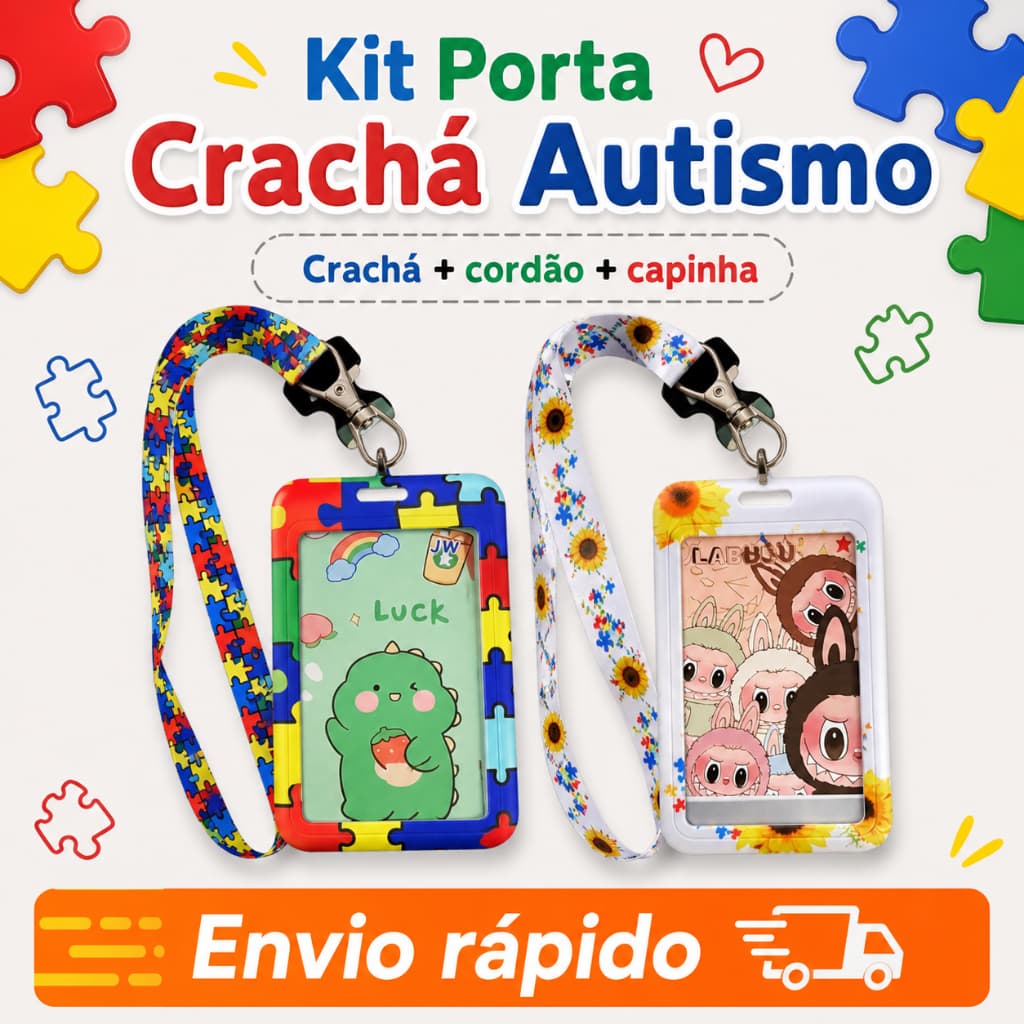 Crachá de Autismo com Cordão Colorido e Capinha – Identificação para Deficiências Ocultas