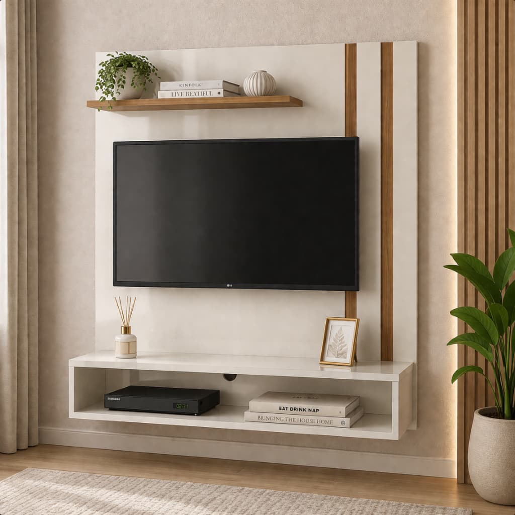 Rack Painel Light Suspenso para Quarto e Sala Tv até 32 Polegadas com Nicho e 2 Prateleiras