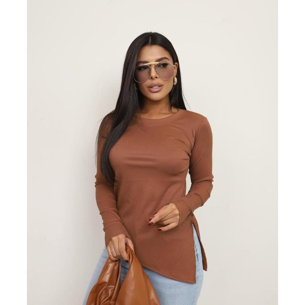 Blusa Feminina Assimetrica Manga Longa Tecido Ribana