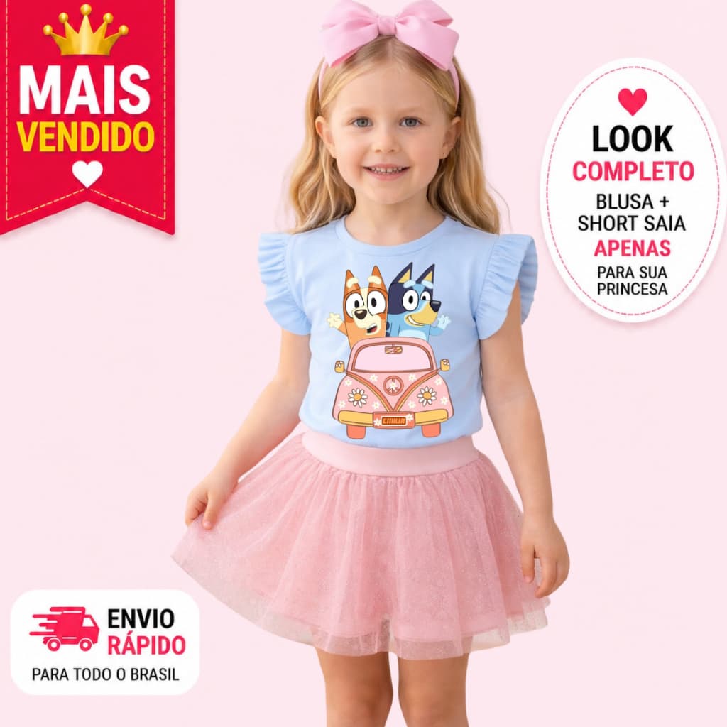 Conjunto Infantil Menina Estampa Blueey Cachorrinhos DE CARRO Blusa Azul  Short Saia Tule Rosa Festa Passeio 1 a 10 Anos