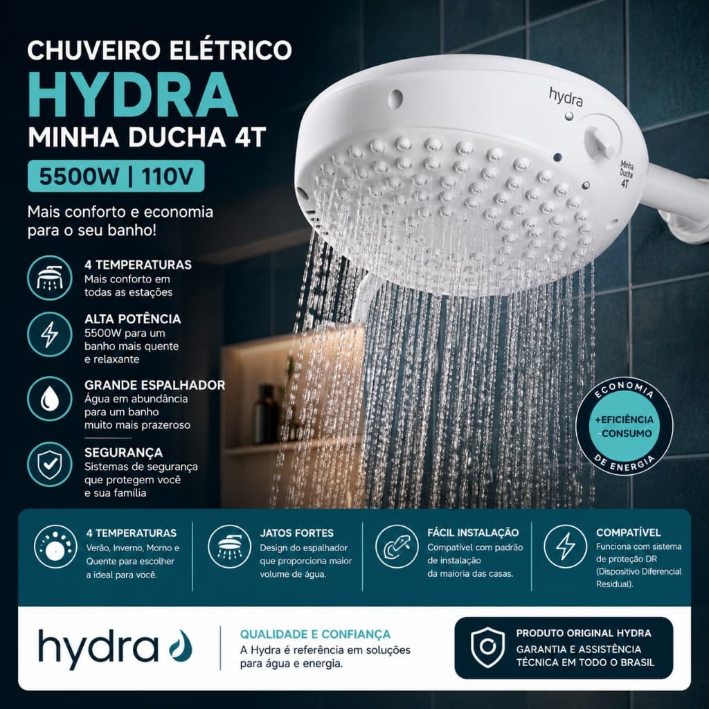 Chuveiro Elétrico Branco Marca Hydra Multitemperatura Minha Ducha 4T 127V 5500W