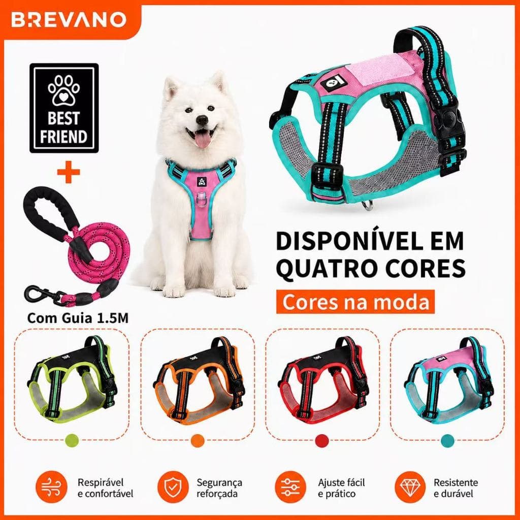 Colete Peitoral Refletivo Antipuxão Reforçado para Cães Com Guia