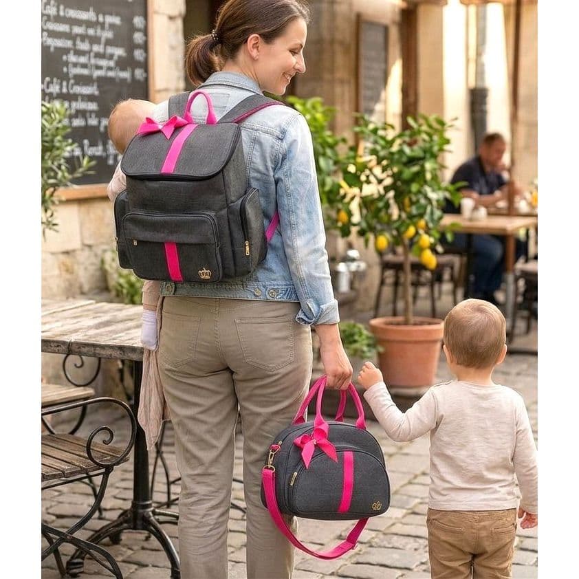Mochila Maternidade Bebe Preto / Pink + Bolsa Lateral G