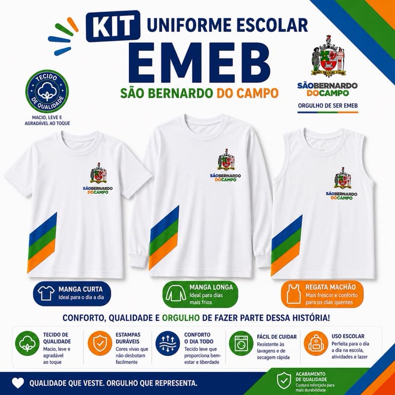 Uniforme Escolar EMEB São Bernardo Camiseta Manga Curta Longa e Regata Infantil Confortável