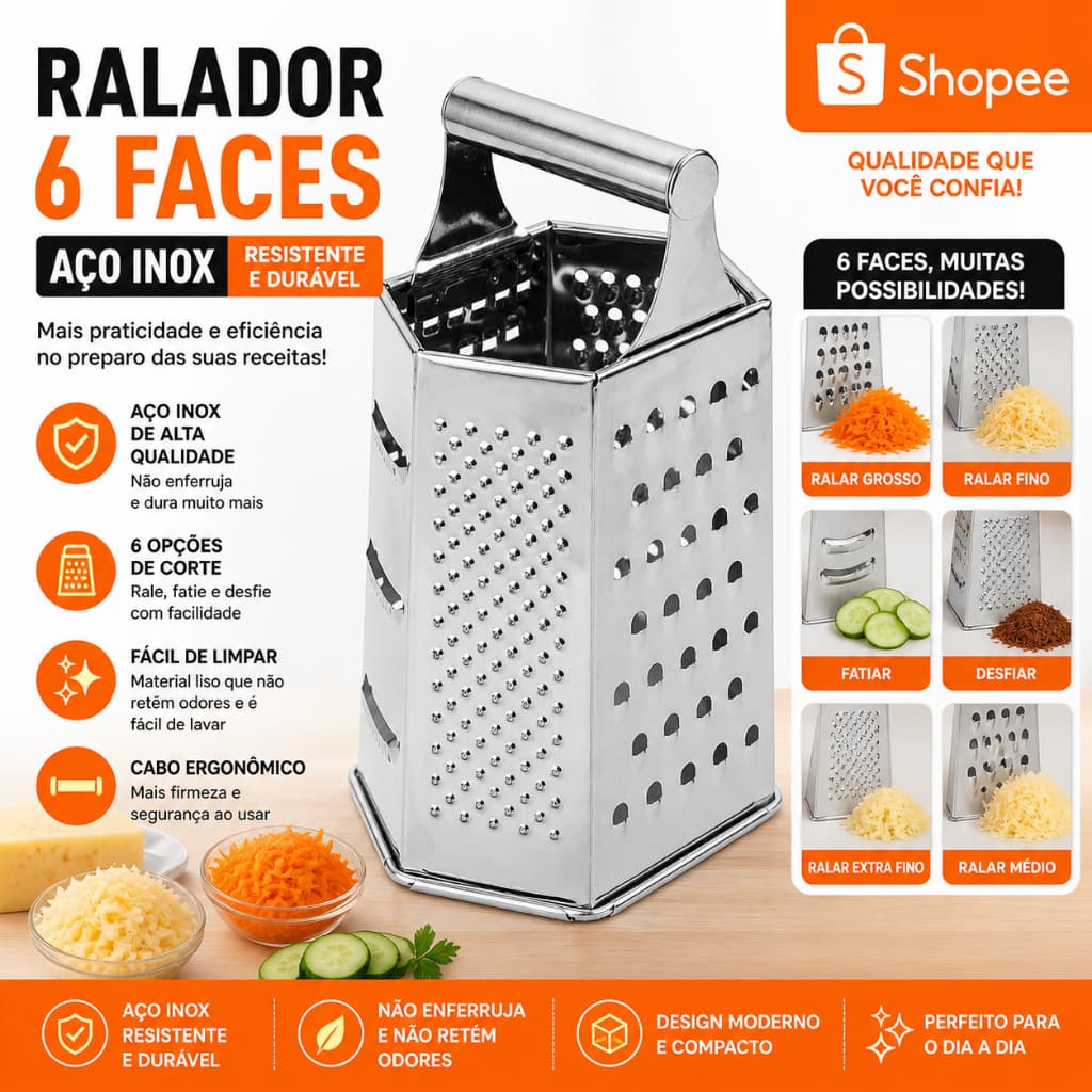 Ralador 6 Faces Inox Grande Resistente Cozinha Verduras Legumes Queijo Multiuso