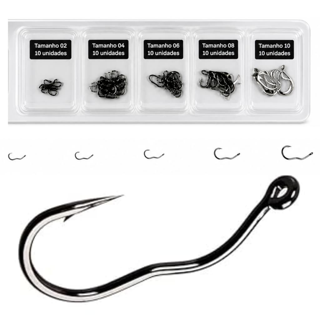 50 Anzol de Pesca Automático do #6 ao #14 com Barba Dupla e Aço Manganês, Alta Qualidade