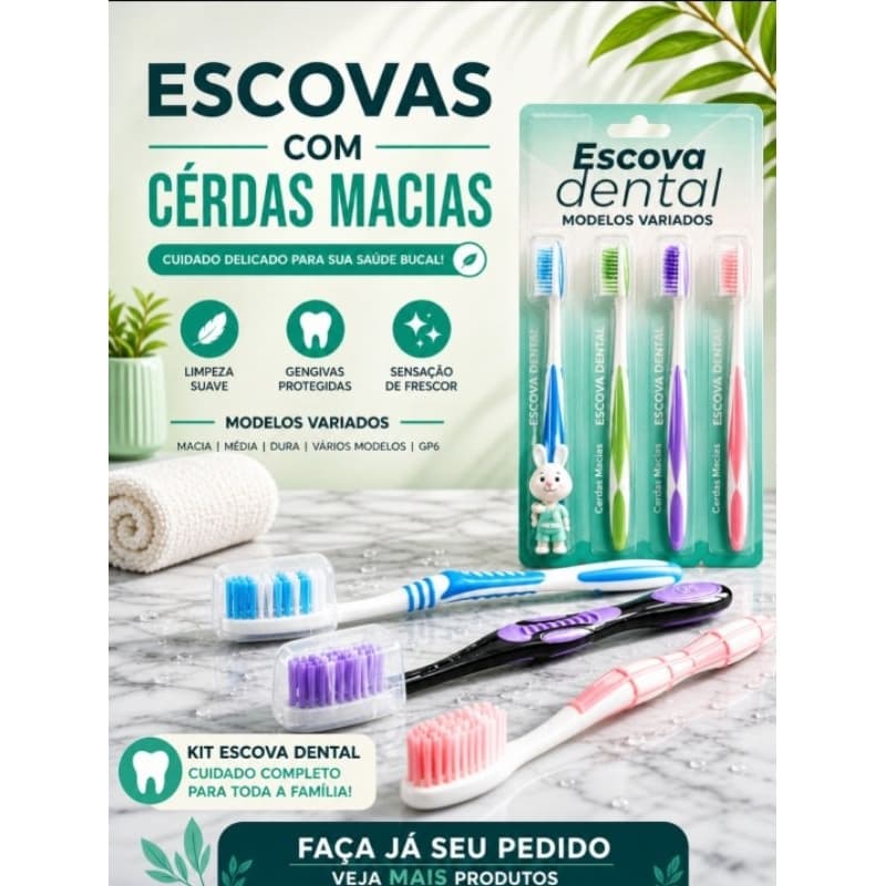 Kit Escovas Dentais Adulto Cerdas Macias pacote com 12, 24, 36, 48 ou 60 Unidades
