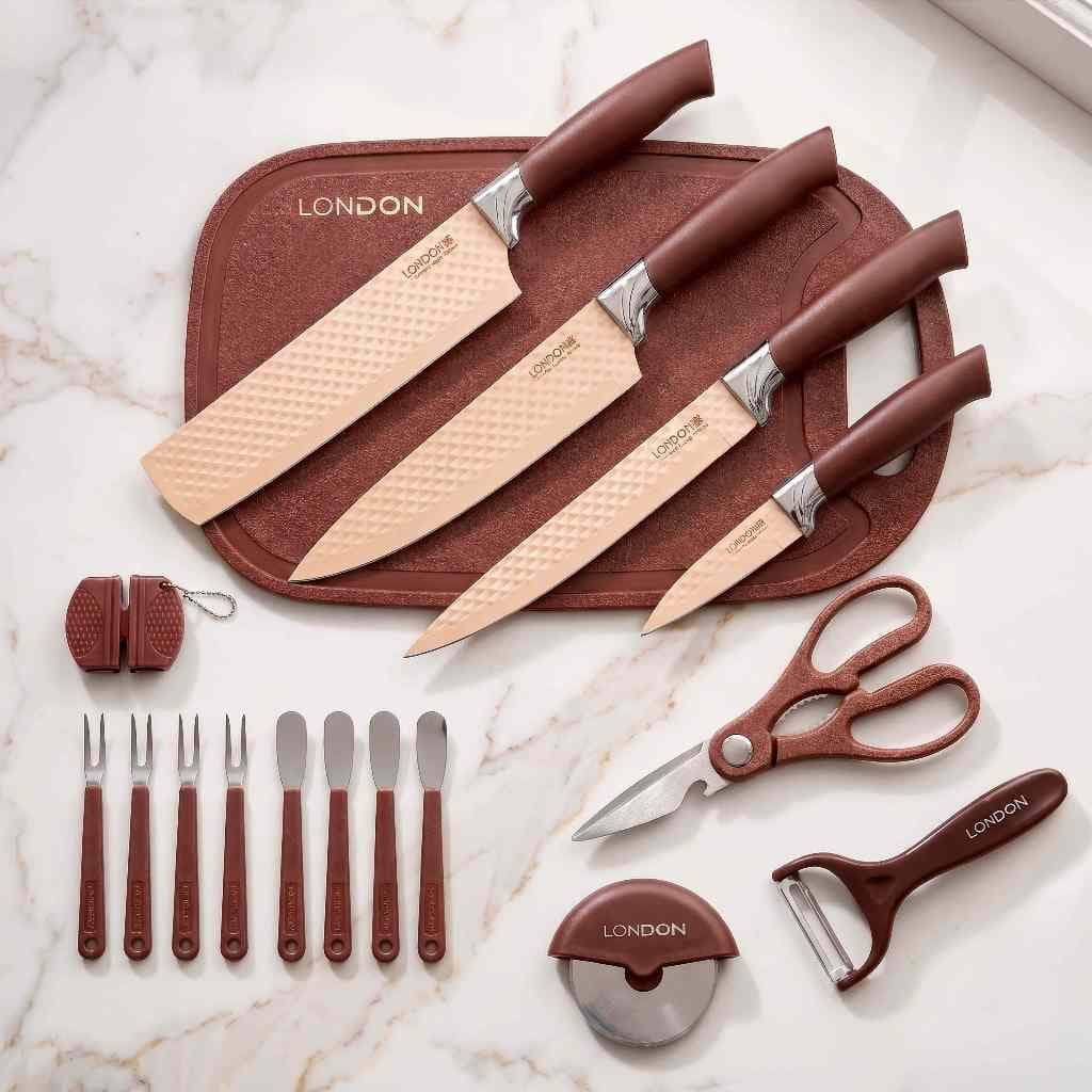 Conjunto De Facas Aço Carbono 17 Peças Antiaderente Com Cabo Reforçado Descascador E Tesoura Cozinha London