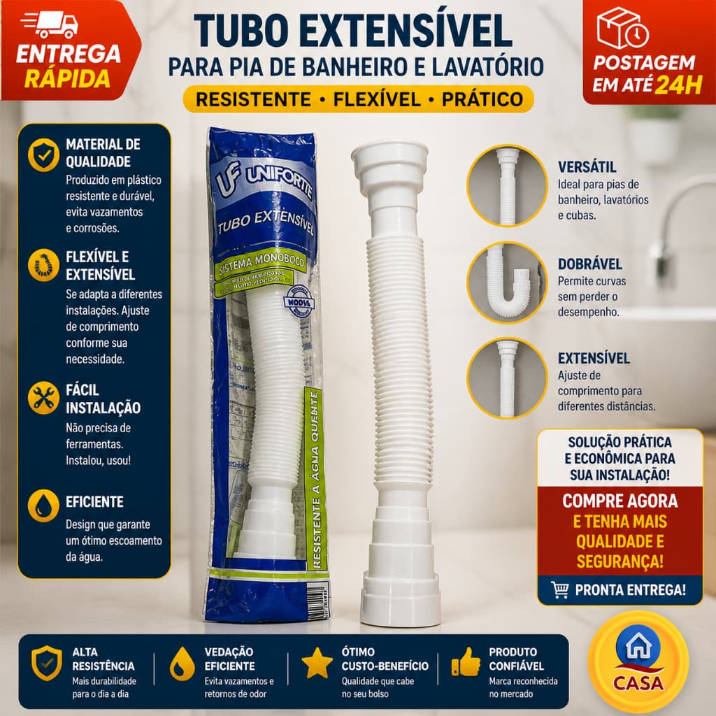 Sifão Flexível Sanfonado Ajustável Pia Cozinha Tanque - Branco