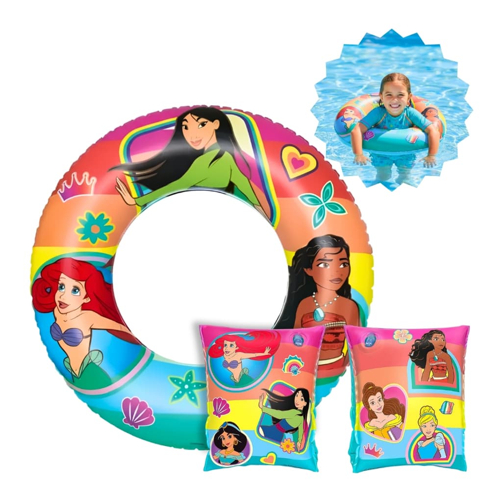 Kit boias Princesas c/ braços e corpo rosa, menina, piscina, bóia inflável redonda infantil, criança