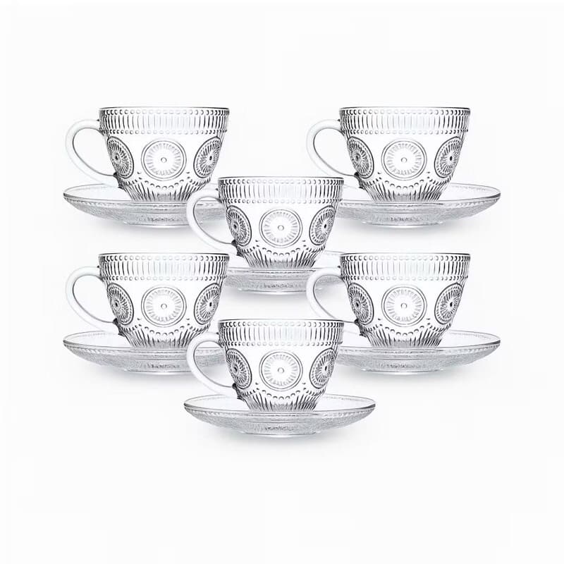 Jogo Xícaras de Vidro 220ml com Pires – Kit 12 Unidades para Café e Chá