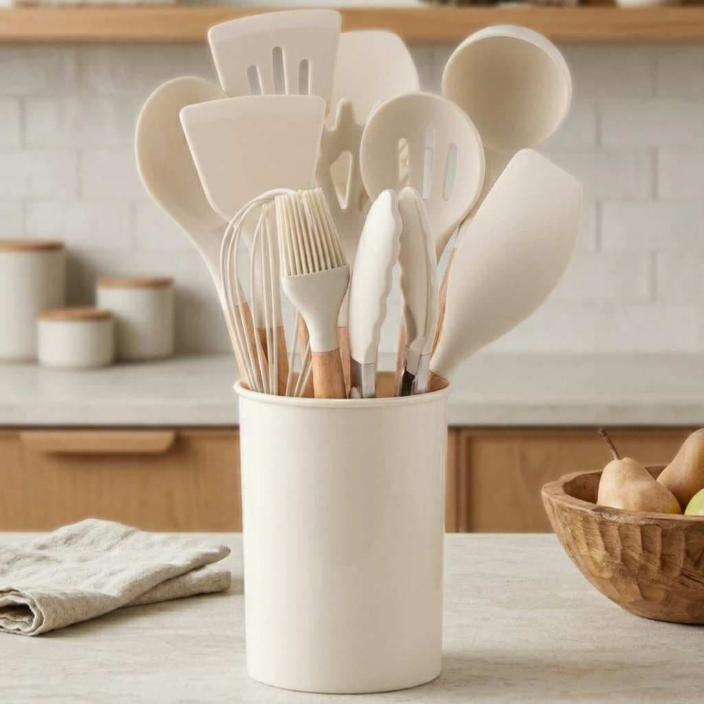 kit Conjunto Utensílios Cozinha Premium GRANDE BEGE CAQUI PRETO 12 Peças Silicone