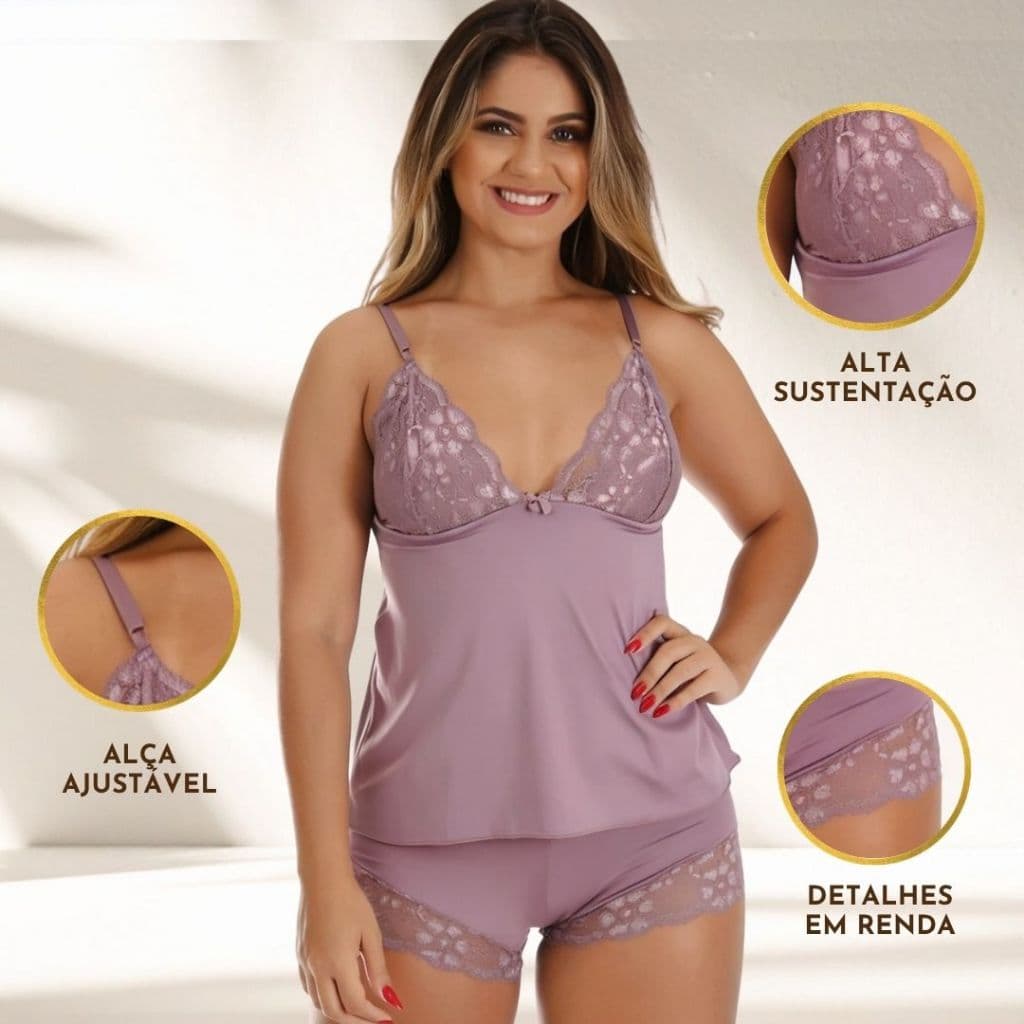 Pijama Feminino Baby Doll Short Dool Conjunto Luxo Poliéster Adulto Alcinha Confortável Moda Noite