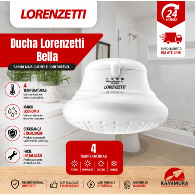 Ducha Lorenzetti Bella Ducha 4T 6800W 220V– 4 Temperaturas, Alta Pressão, Branco
