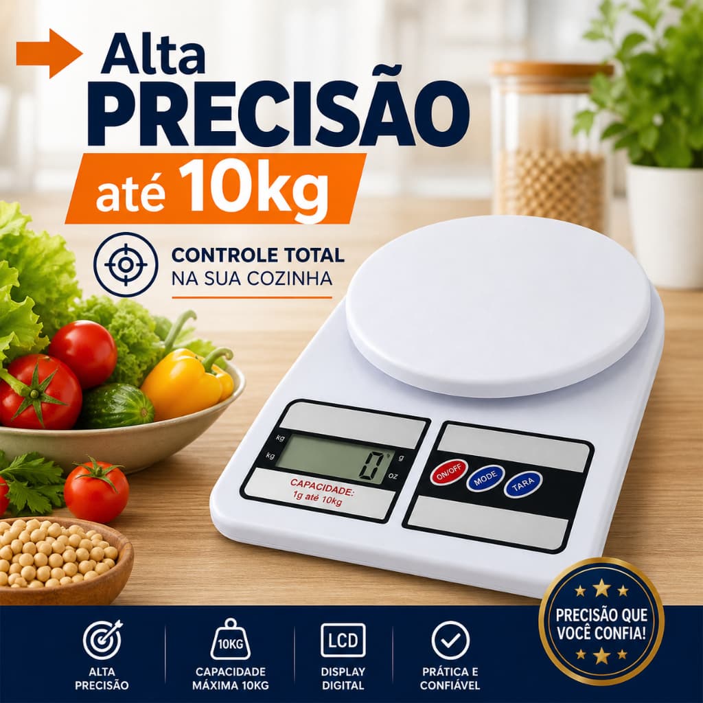 Balança Digital de Cozinha 10kg Alta Precisão LCD | Medidor de Peso Alimentos Dieta