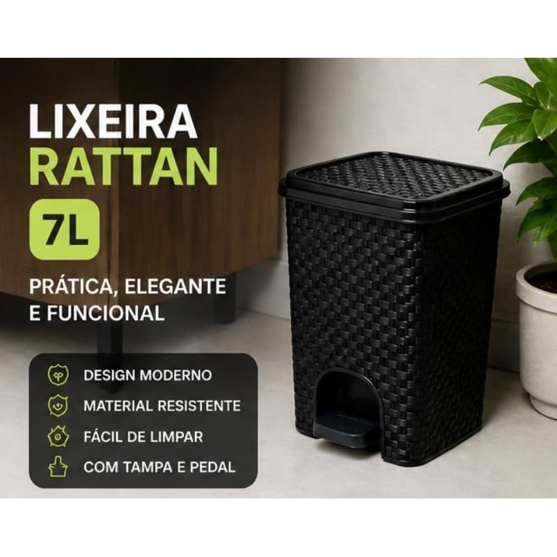 Lixeira Rattan Preta com Pedal 7 Litros
