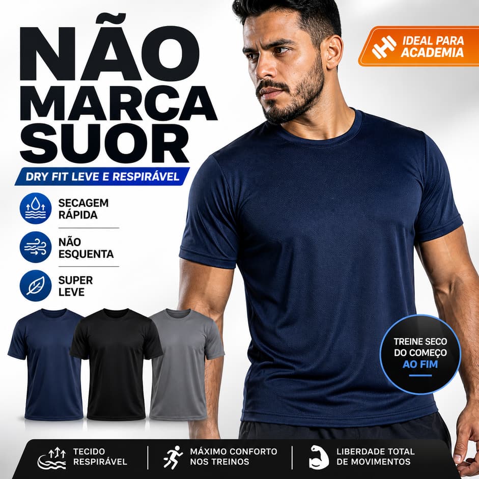 KIT 2 Camisetas Dryfit Masculina Leve Respirável Academia Treino Corrida Fitness Esporte Manga Curta