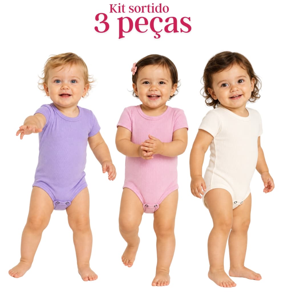 Kit 3 Peças Body Ribana Liso Bebe Menina Conforto e Praticidade de Alta Qualidade