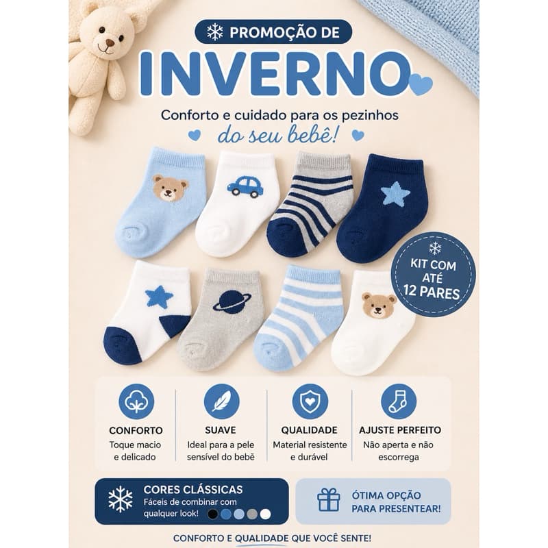 Kit De 3 a 12 Pares De Meias Recém-Nascidos MENINO Algodão KIDS 0-14 Anos