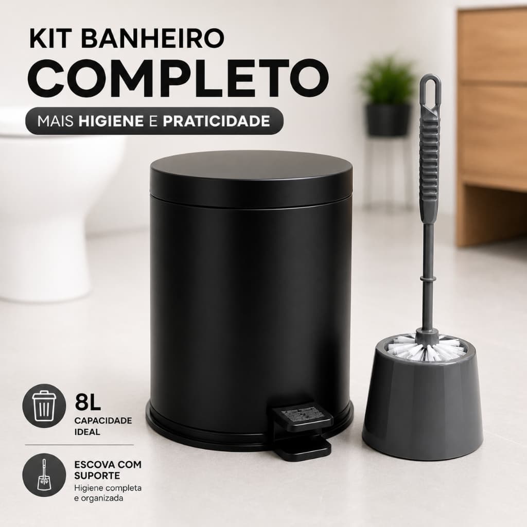 Lixeira Banheiro 8L com Pedal + Escova Sanitária com Suporte Higiênico Fácil Limpar Moderno