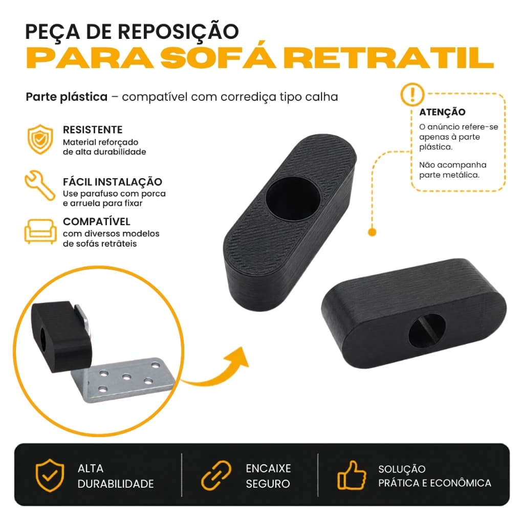 Kit 4 Peças Plásticas Reparo Corrediça de Calha Sofá Retrátil Estofado Trilho Substituição Impressão 3D 44x14x18mm