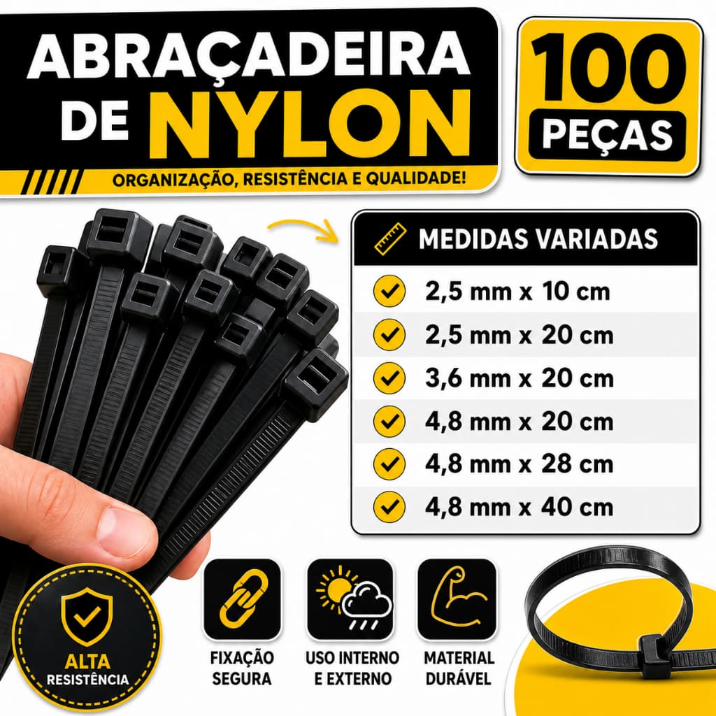 Abraçadeira de Nylon Alta Resistência | Enforca Gato Reforçado | Várias Medidas 2,5mm a 4,8mm | Fixação de Cabos Profiss