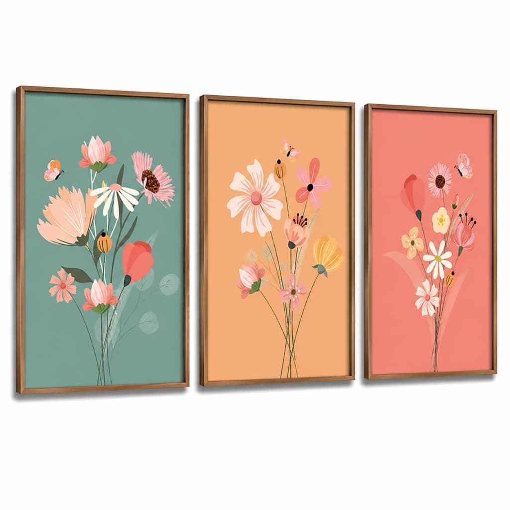 Kit 3 Quadros Decorativos Infantil | Quarto Bebê Menina | Flor Aquarela, Jardim - No218