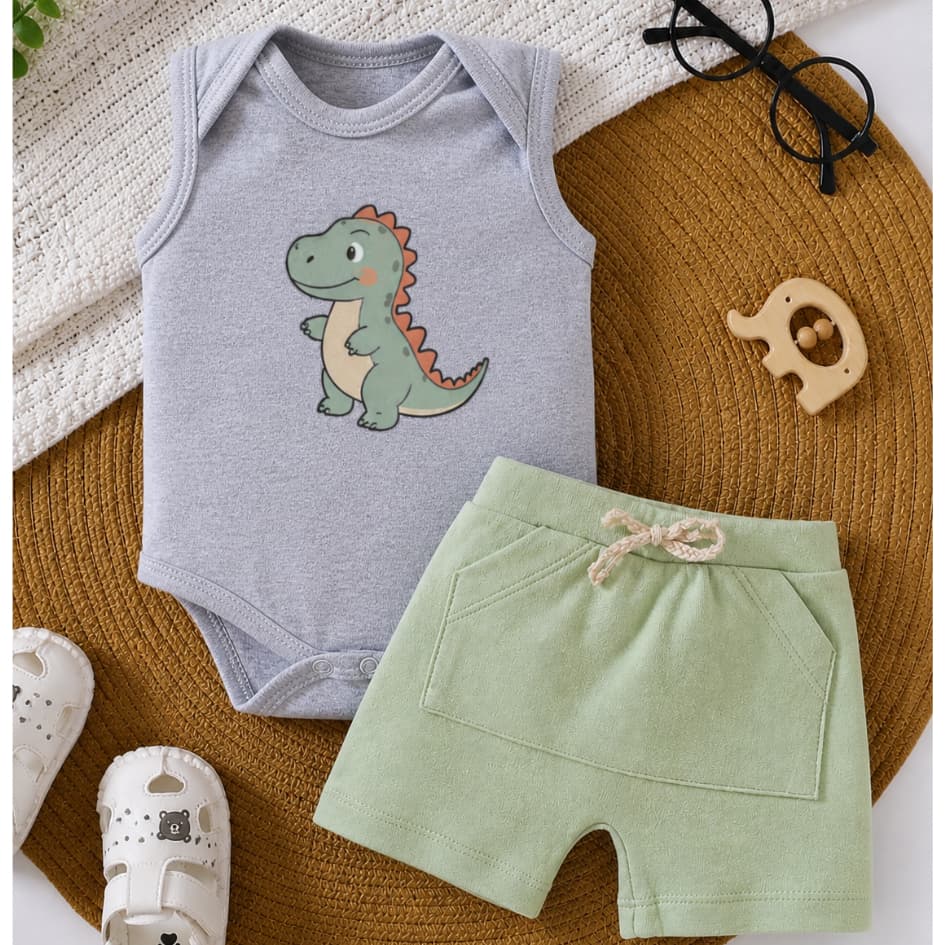 Conjunto de Bebê Infantil Menino Verão Body e Bermuda 100% Algodão.