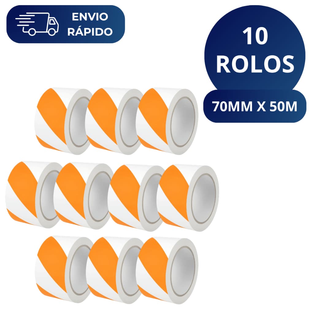 Kit 10 Fita Zebrada Laranja e Branca 70mm X 50 Metros Para Isolamento Sinalização Interdição Obras