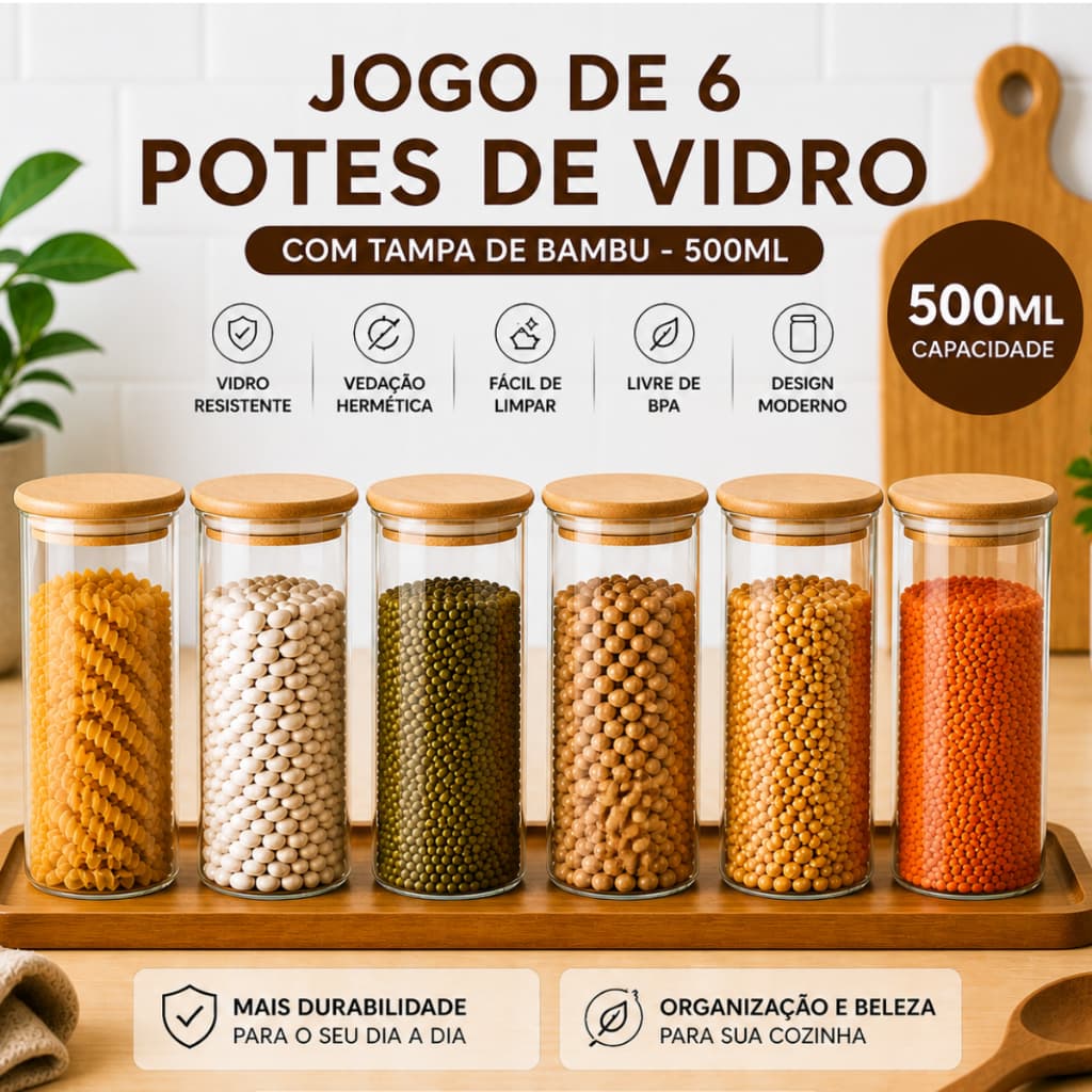 Kit 6 Potes de Vidro Condimentos 500ML Com Tampa de Bambu Hermético Mantimentos Empilháveis