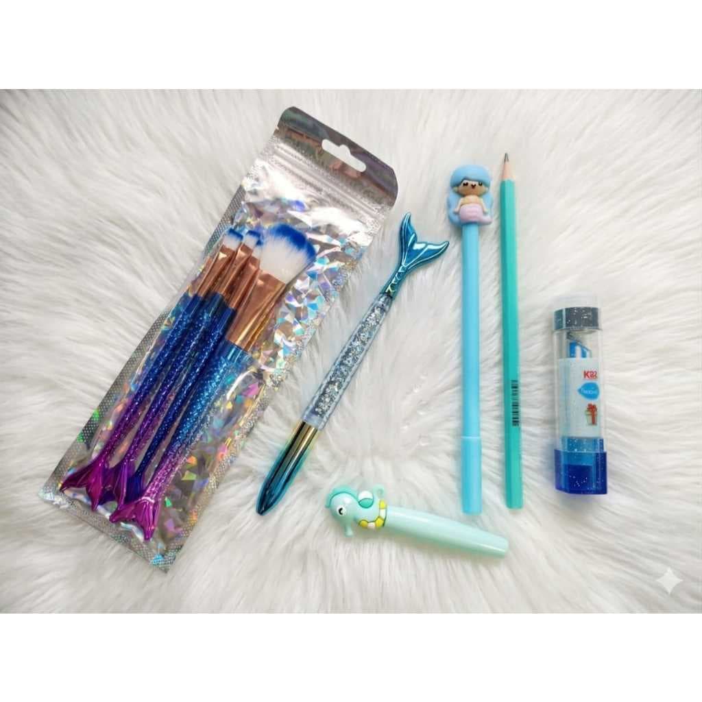 ✨ Kit Papelaria Fofa + Pincéis de Maquiagem Sereia Caneta Glitter Lápis Presente Criativo Azul