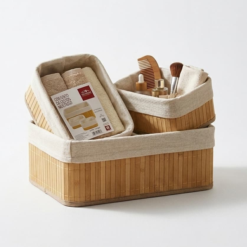 Kit 3 Cestos Bambu Natural Organizador Multiuso Armazenamento Decoração Quarto Cozinha Sala
