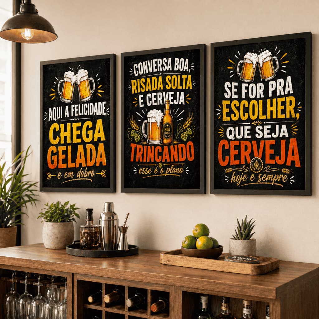 Kit 3 Quadros Decorativos Cerveja Frases Divertidas Bar Área Gourmet Churrasco Bebida Gelada